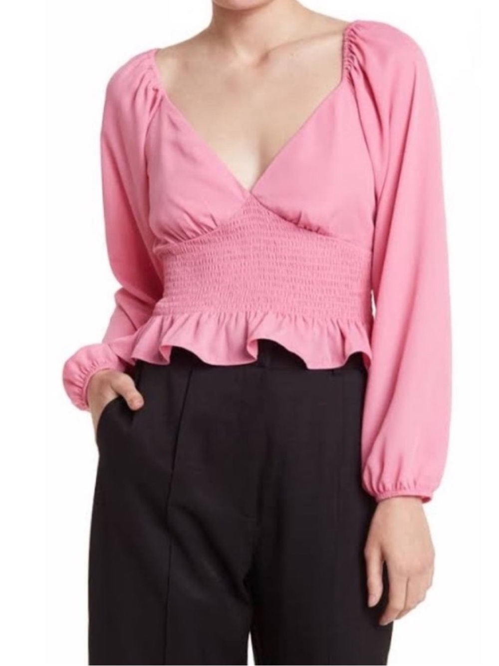 Wayf Pink Raglan Smocked Blouse